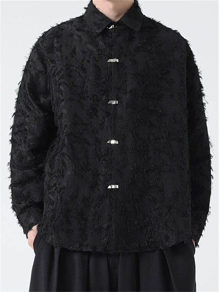 Man's Oriental Style Long Sleeves  All Black Button Printed Shirt