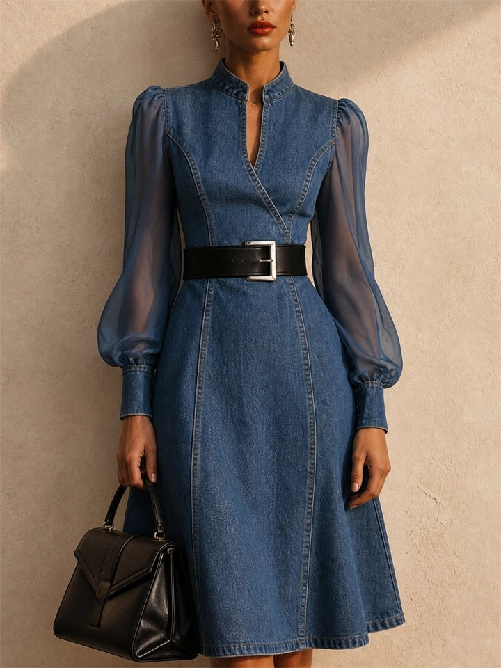 Women Sheer Mesh Puff Sleeve Belted Denim Midi Dress