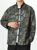 ‌Men's Chinese Style Mandarin Collar Jacket with Ancient Script Print