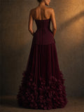 Women 3D Floral Strapless Corset Pleated Maxi Dress