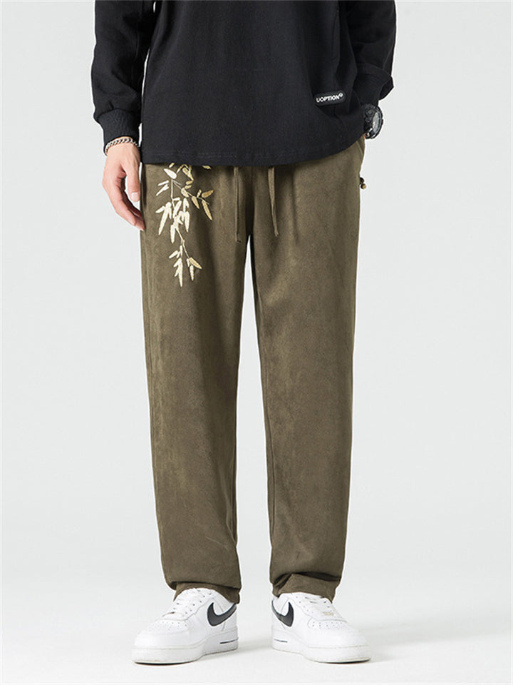 Men's Retro Gold Bamboo Leaf Embroidery Faux Suede Trousers