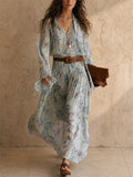 Women ELegant Blue Floral Boho V Neck Long Sleeve Flowy Maxi Dress