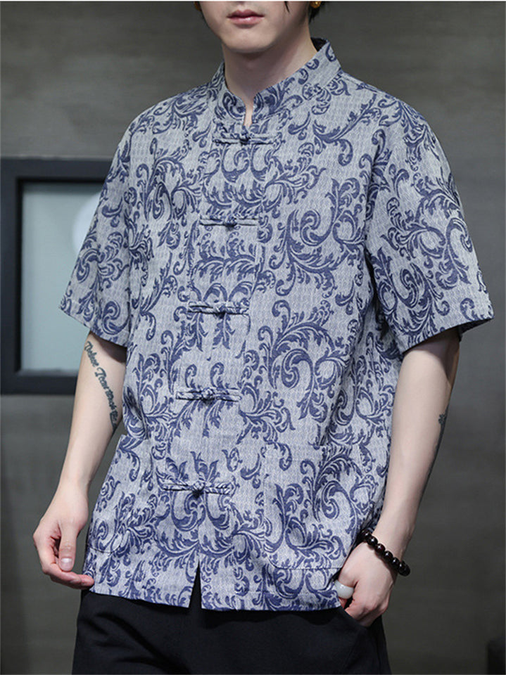 Men's Cotton Linen Stand Collar Short Sleeve Tang Suit Shirts