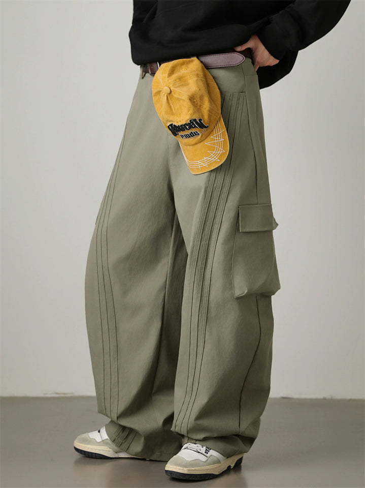 Autumn Pleated Loose Fit Pocket Drawstring Men Casual Cargo Pants