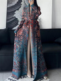 Women's Geometric Print Pleated Long Sleeve Cardigan Coat