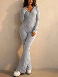 Women Ribbed Knit 2 Piece Set Zip Up Top Flare Pants Tracksuit