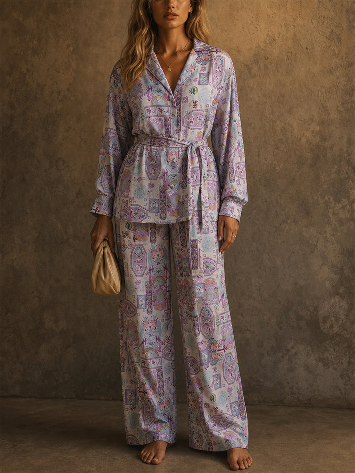 Women 2 Piece Purple Print Long Sleeve Belted Wide Leg Pajama Set