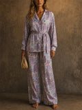 Women 2 Piece Purple Print Long Sleeve Belted Wide Leg Pajama Set