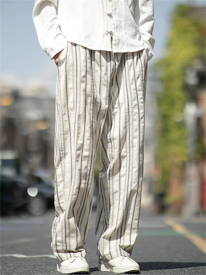 Men's Retro Straight Leg Striped Casual Pants with Elastic Waist