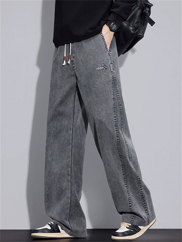 Men's Letter Embroidery Loose Fit Straight Leg Denim Pants