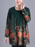 Plus Size Floral Print Long Sleeve O-Neck Shirt for Women
