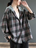Women's Retro Plaid Contrast Color Long Sleeve Hooded Shirts