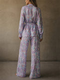 Women 2 Piece Purple Print Long Sleeve Belted Wide Leg Pajama Set