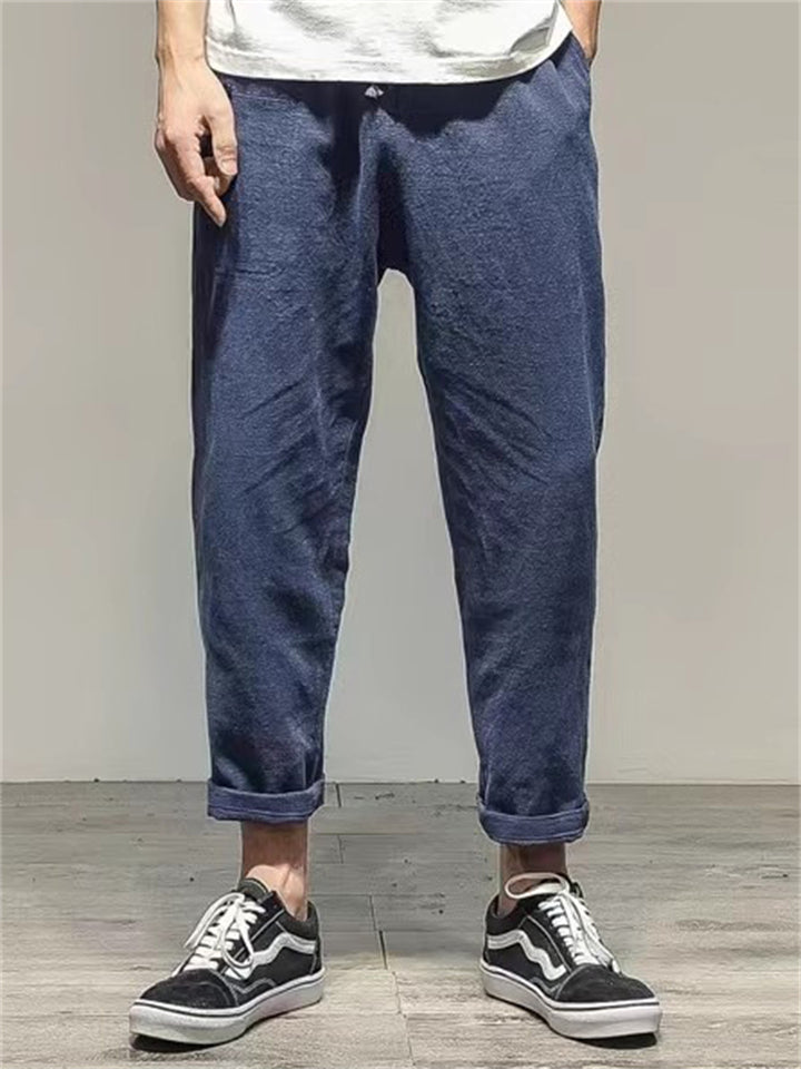 Men's Retro Ramine Solid Color Drawstring Straight Cropped Pants