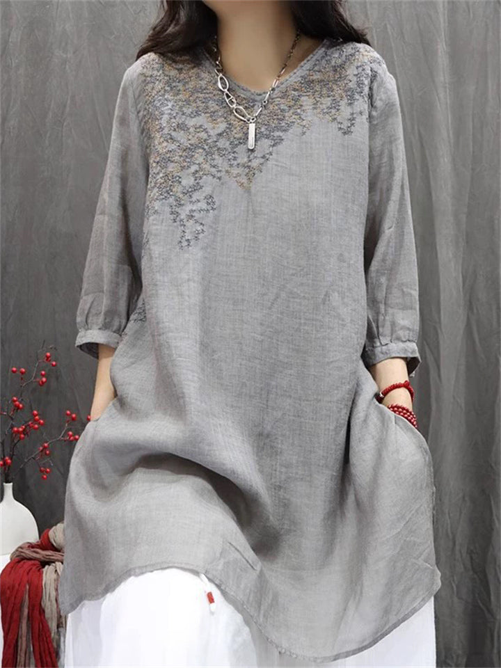 Women's Summer Retro Embroidery Loose Half Sleeve Shirts