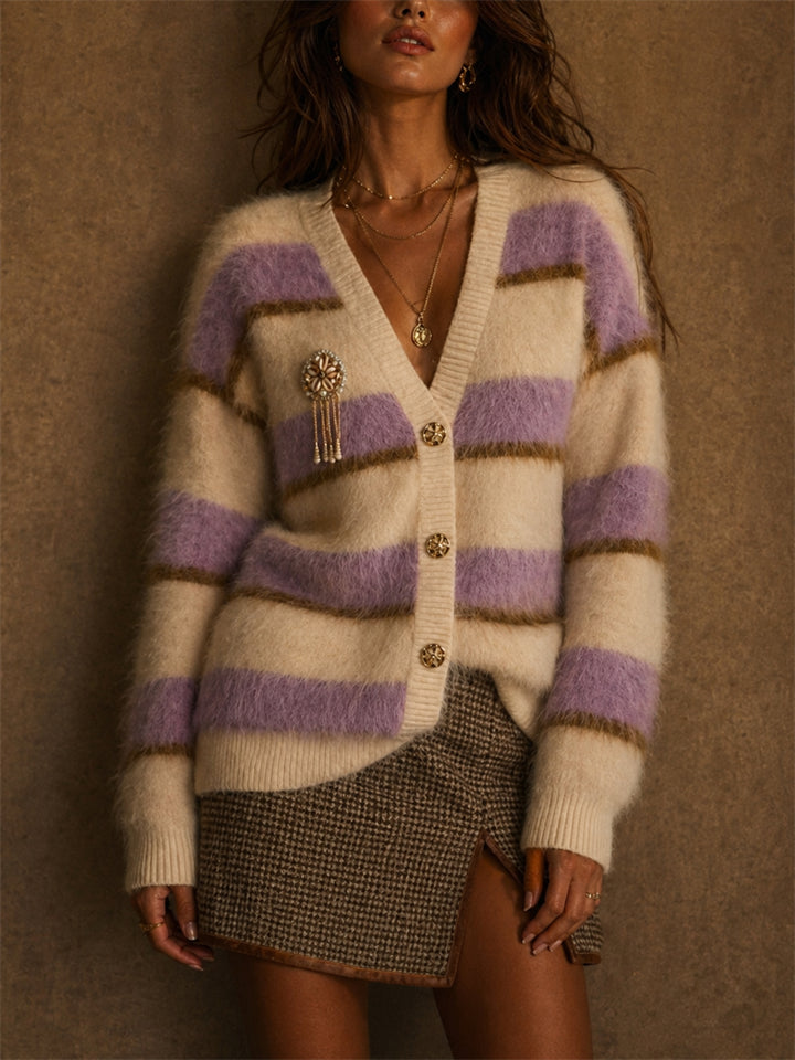 Women's Fuzzy Color Block Striped Mohair Knit Cardigan Sweater