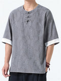 Men's Casual Chinese Style Print Round Collar Half Sleeve Shirt