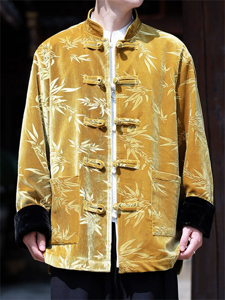 Men Chinese Style Autumn Contrast Color Bamboo Leaf Velvet Jackets