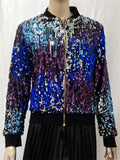 Women's Casual Contrast Color Sequin Stand Collar Zip Jacket