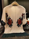 Women's Dragon Scale Knitting Floral Print Breathable V Neck Shirt with Fringe