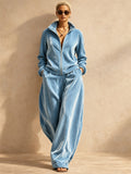 Women Velvet Two Piece Zip Up Top Wide Leg Pants Tracksuit