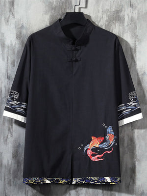 Men's Summer Retro Fish Embroidery Frog Button Half Sleeve Shirt
