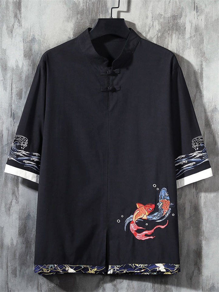 Men's Summer Retro Fish Embroidery Frog Button Half Sleeve Shirt