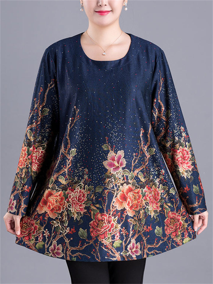 Plus Size Floral Print Long Sleeve O-Neck Shirt for Women