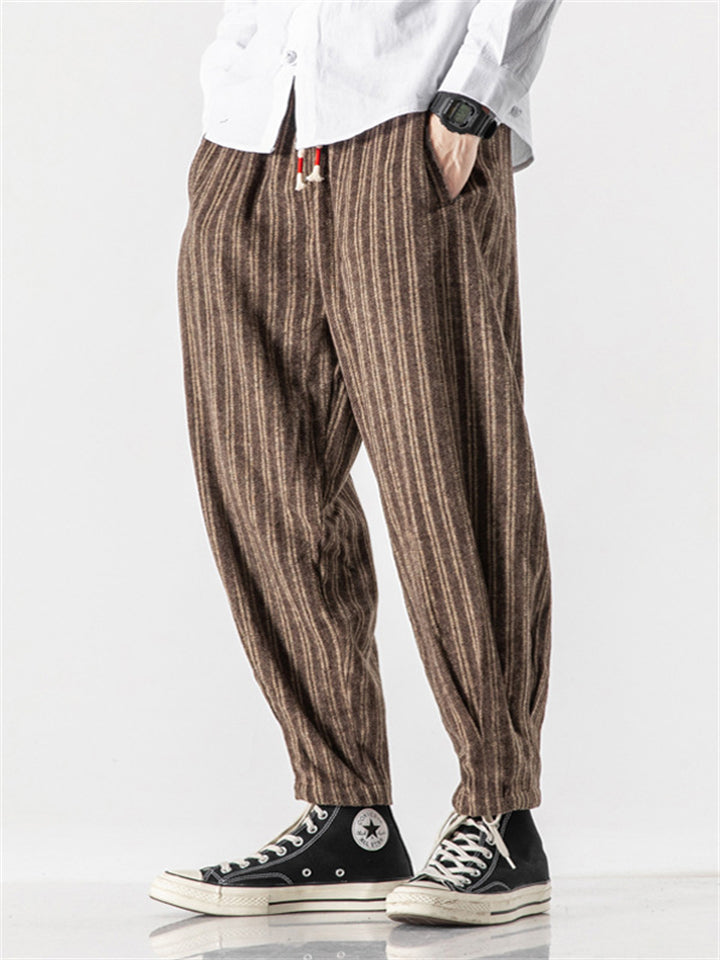 Men's Stylish Striped Drawstring Thickened Woolen Casual Pants