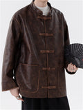 Men's Chinese Style Faux Leather Loose Fit Mandarin Collar Jackets
