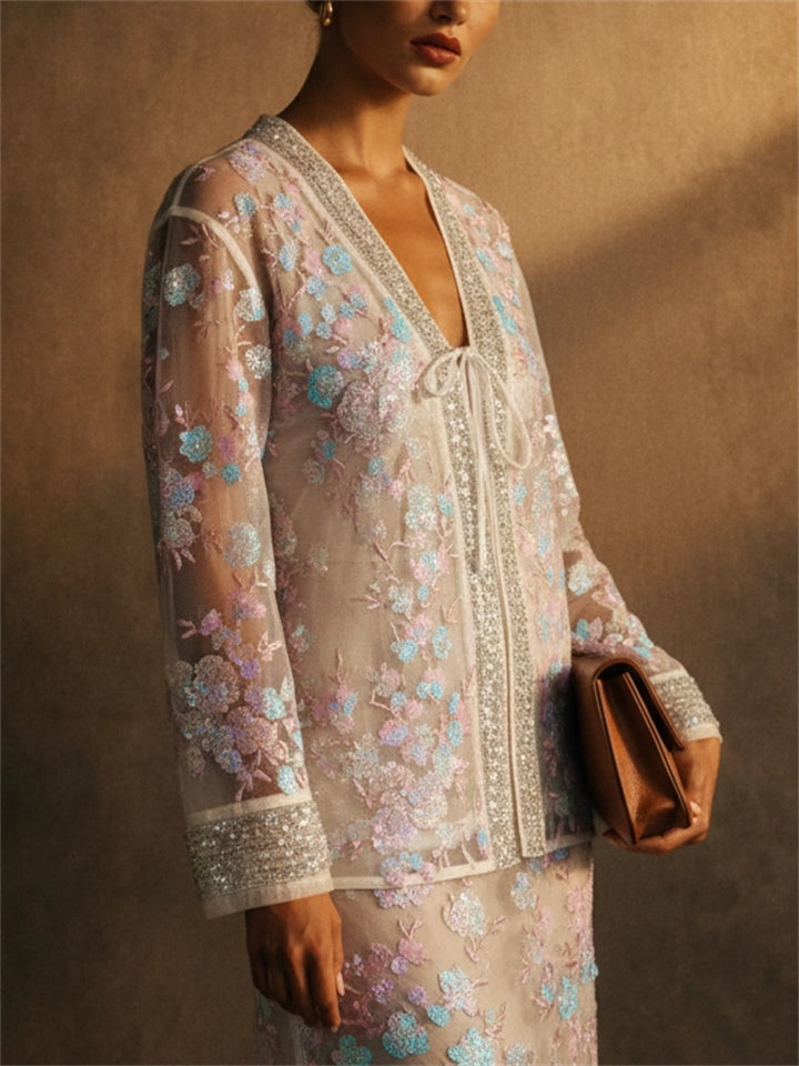 Women Floral Sequin Beads Trim Sheer Mesh Tie Front Cardigan Jacket