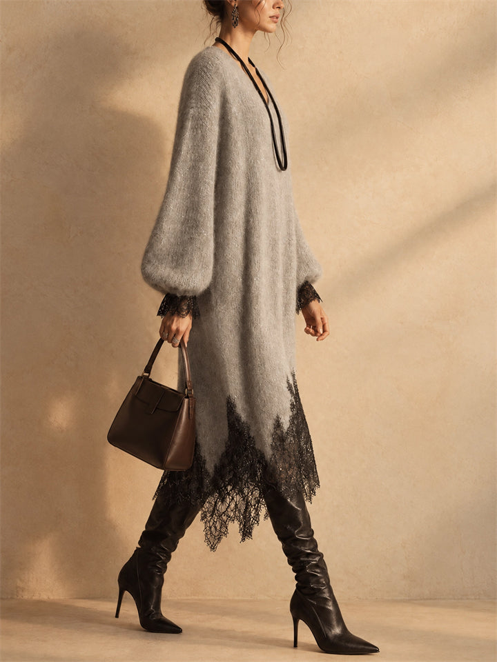 Women Fuzzy Knit Lace Trim V Neck Long Sleeve Midi Sweater Dress