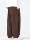 Chinese Style Drawstring Corduroy Wide Leg Pants for Men with Elastic Waist