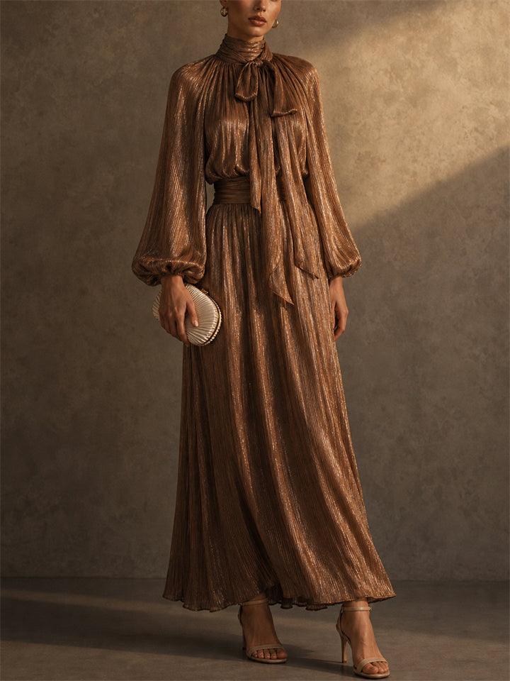 Women Metallic Pleated Tie Neck Lantern Sleeve Maxi Dress