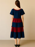 Women's Contrast Color Plaid Patchwork Tiered Dress