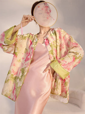 Elegant Vintage Chinese Style Floral Printed Real Silk Shirt