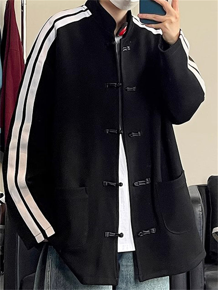 Men's Contrast Color Frog Button Stand Collar Sweatshirt Jacket