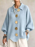 Women Oversized Knit Cardigan Gold Button Collared Sweater