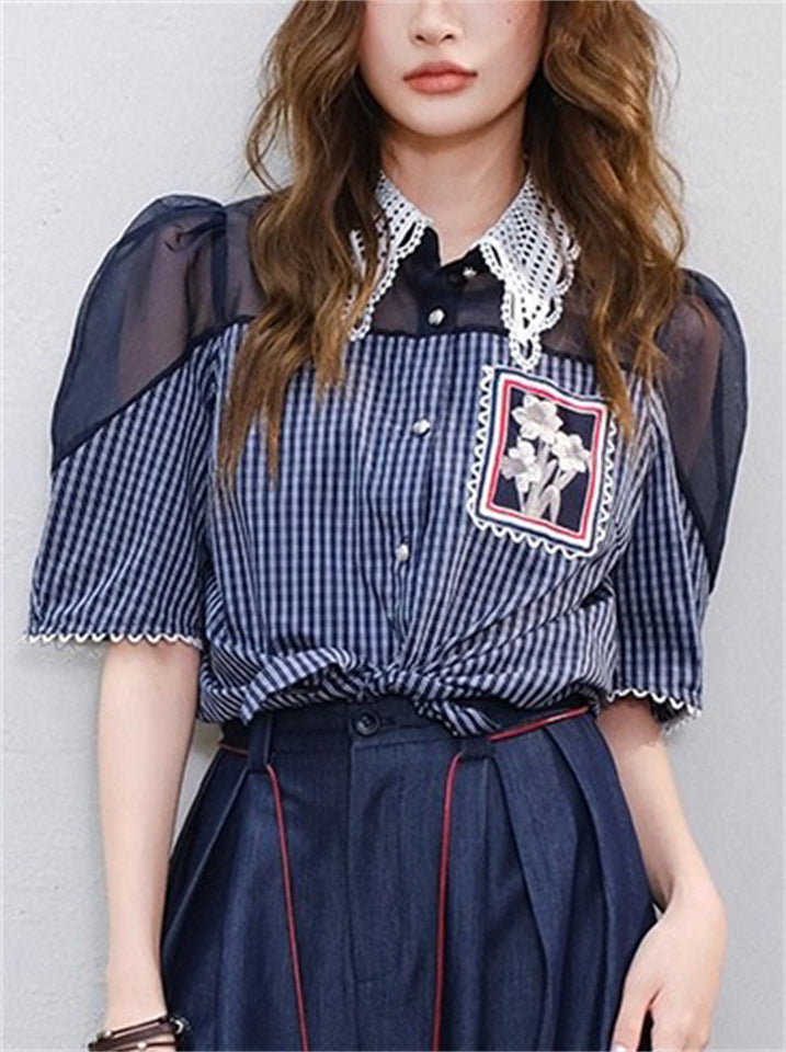 Women's French Style Blue Plaid Mesh Lace Patchwork Short Sleeve Shirts
