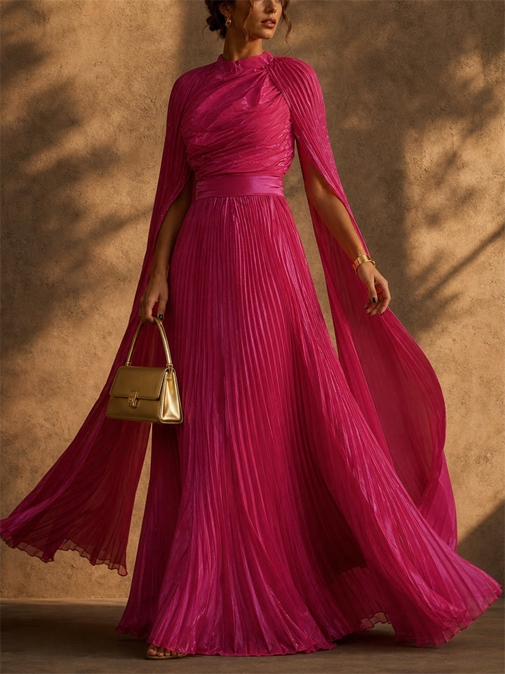 Women French Style Pleated Cape Sleeve Formal Evening Maxi Dress