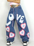Women's Trendy LOVE Hearts Print Loose Wide Leg Jeans