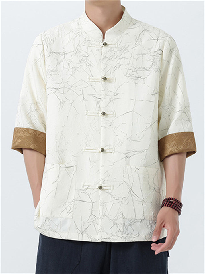 Chinese Style Men's Texture Stand Collar Half Sleeve Shirts