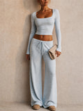 Womens Striped Ribbed Long Sleeve Crop Top Wide Leg Pants 2pc Set