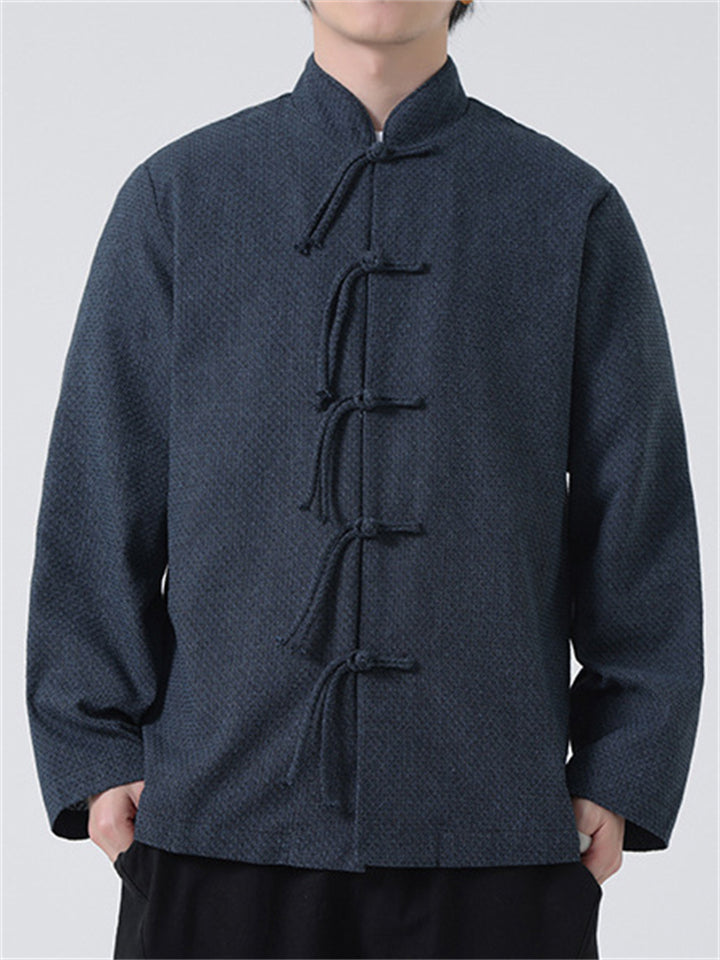 Men's Chinese Style Solid Color Frog Button Stand Collar Shirts