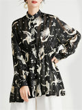 Lady Button Up Lantern Sleeve Printed Satiny Shirts