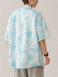 Men's Holiday Style Blue Coconut Tree Print Lapel Beach Shirt