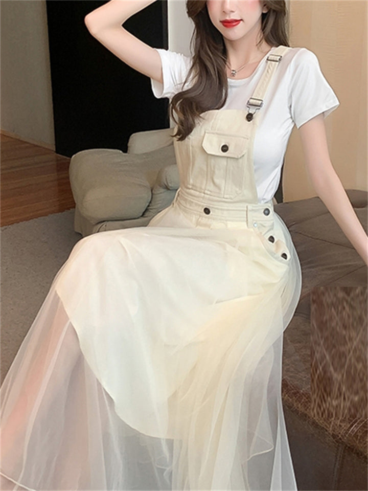 Square Neck Tulle Patchwork Strap Denim Overall Dress For women