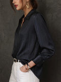 Women Chic Textured Satin Long Sleeve Button Down Shirts