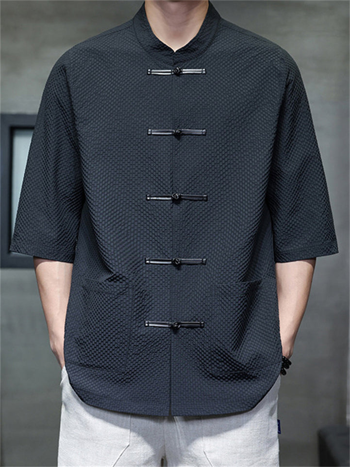 Men's Retro Chinese Style Summer Solid Color Short Sleeve Shirt