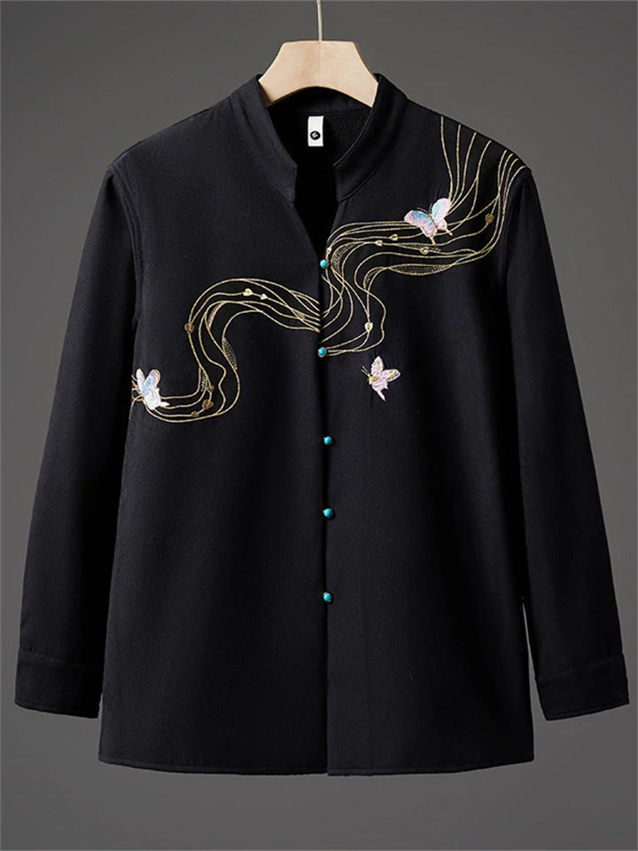 Men's Autumn Fleeced Lining Chinese Style Embroidery TangSuit Shirts